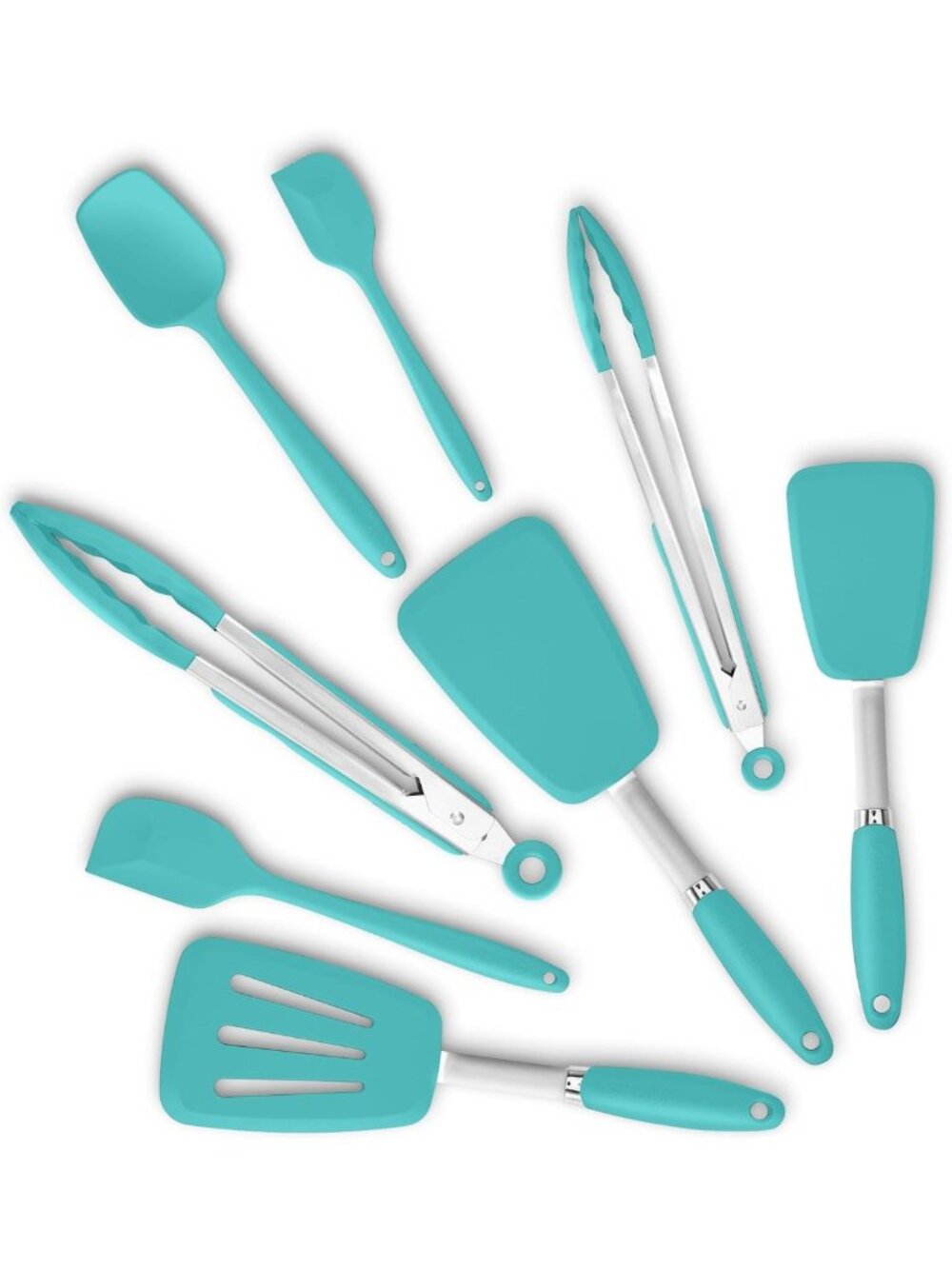5-Piece Heat Resistant Silicone Spatula Set with Tongs, 446°F, Aqua Sky Color